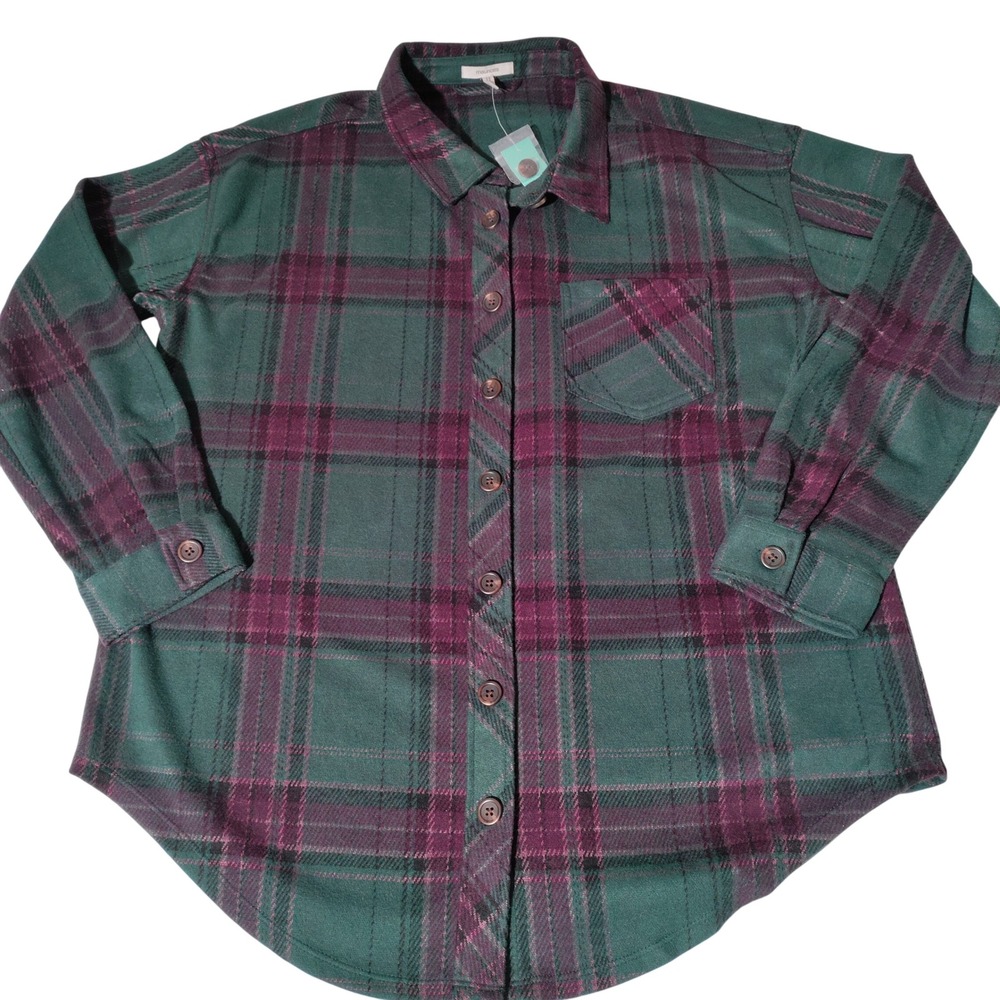 Maurices Green Purple Plaid Flannel Button Down Shirt Large NWT